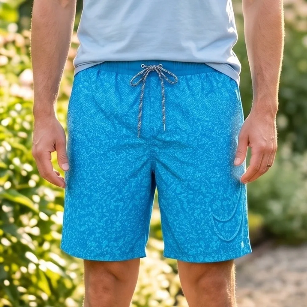 Nike Mens Blue Abstract Print Swim Trunks Mesh Lined Elastic Waist Shorts